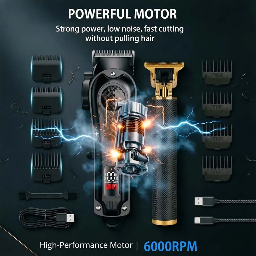 Professional Hair Clippers with LED Display, Cordless Rechargeable Trimmer & T-Blade Shaver for Men, Balding Grooming Kit