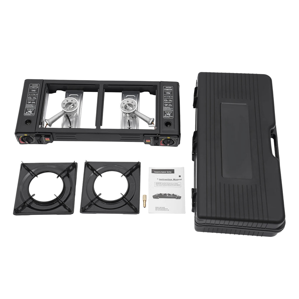 2 Burners Portable Camping Stove, 2.5KW Auto Ignition Butane/LPG Gas Stove w/Baking Tray+Carrying Case for RV Outdoor Picnic BBQ