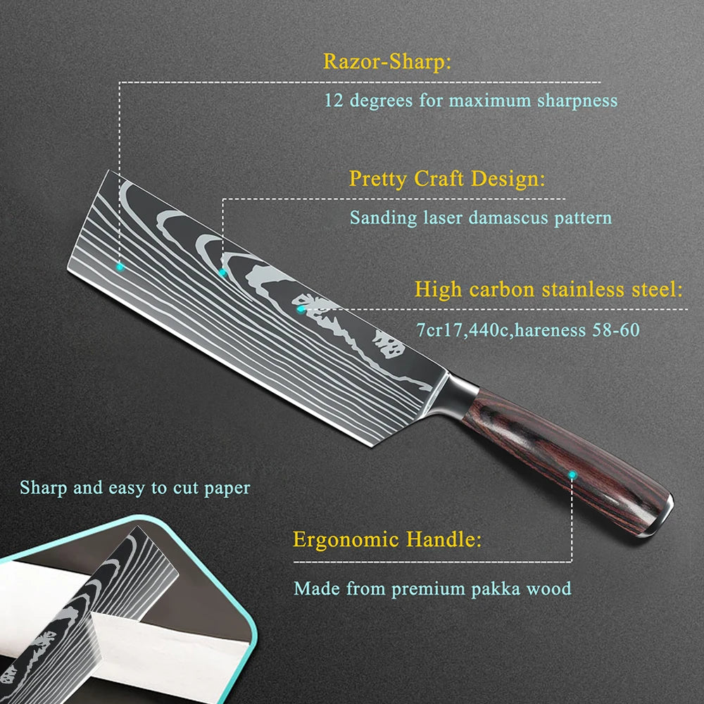 9 Types of Stainless Steel Kitchen Knife, Japanese Chef Knife, Meat Cleaver, Santoku, Bread, Boning, Slicing, Fruit Knife with Gift Box