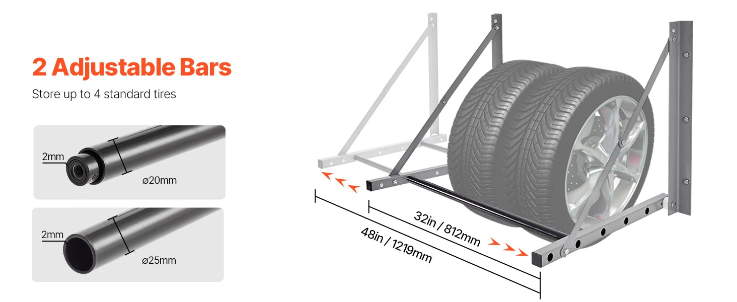 SucceBuy Wall Mounted Folding Tire Rack, 32" - 48" Adjustable Tire Rack, Steel Tire Storage Rack for Garage Workshop Repair Shop