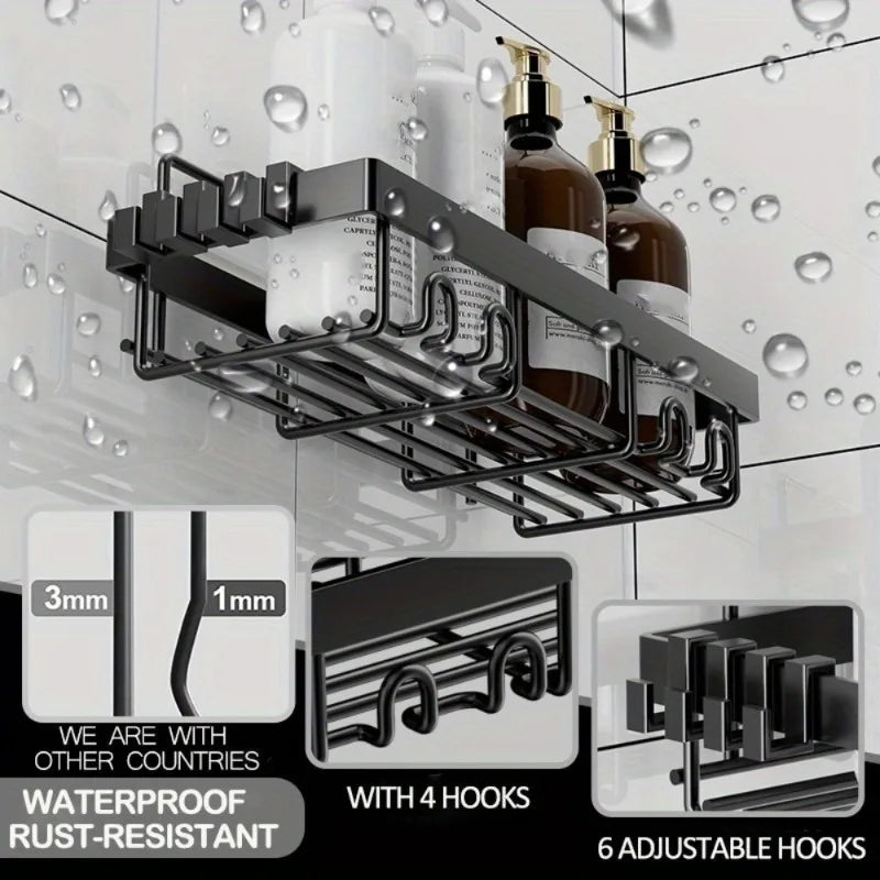 6 Pack Shower Caddy Shelf Organizer Rack, Self Adhesive Black Bathroom Shelves Basket, Bathroom Accessory Decor Set, No Drilling