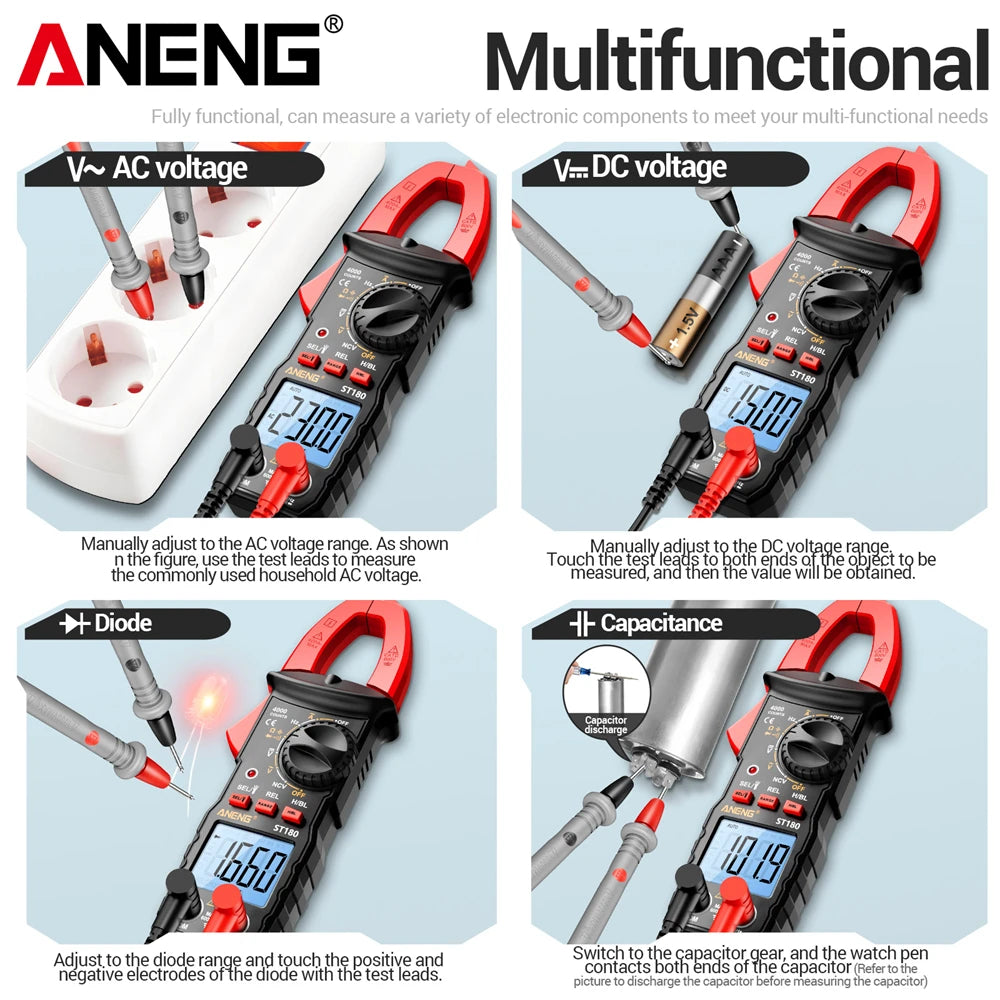 ANENG ST180 Digital Clamp Meter 4000 Counts Multimeter AC Current NCV Capacitance Resistance Frequency Tester Measurement Tool