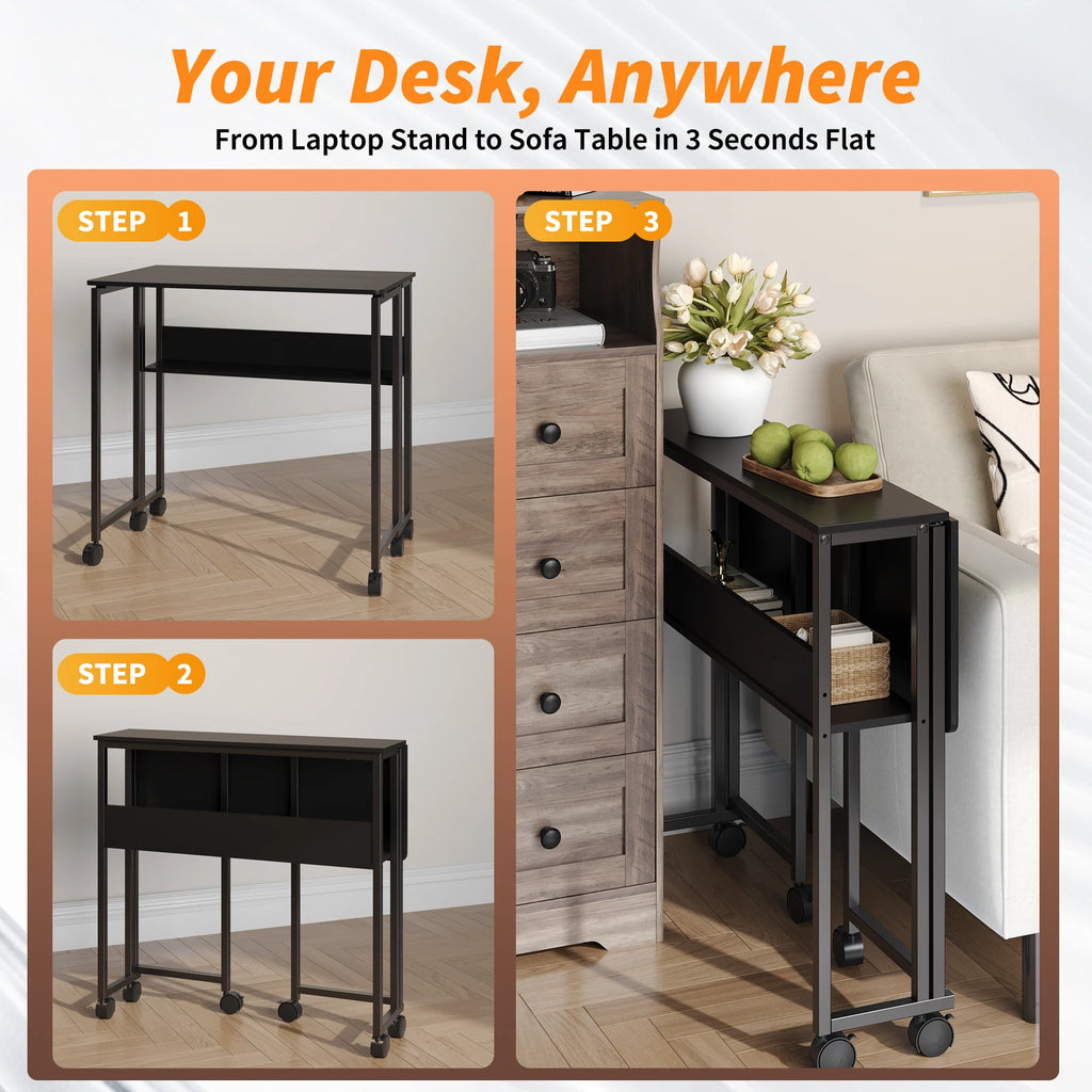Compact 25" Folding Desk with Wheels Storage Shelf Foldable Computer Table for Small Spaces Home Office Dorm Sturdy Iron Frame Easy Assembly Natural Oak/White/Black