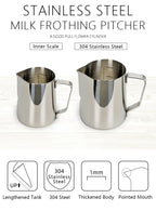 Thickened Stainless Steel Coffee Latte Art Pitcher, Pointed Spout with Internal & External Markings, Milk Frothing Jug for Milk