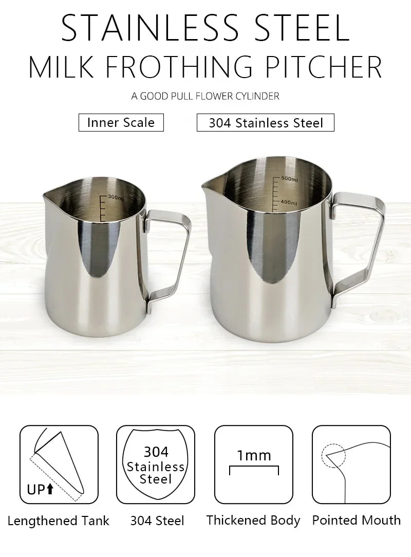 Thickened Stainless Steel Coffee Latte Art Pitcher, Pointed Spout with Internal & External Markings, Milk Frothing Jug for Milk
