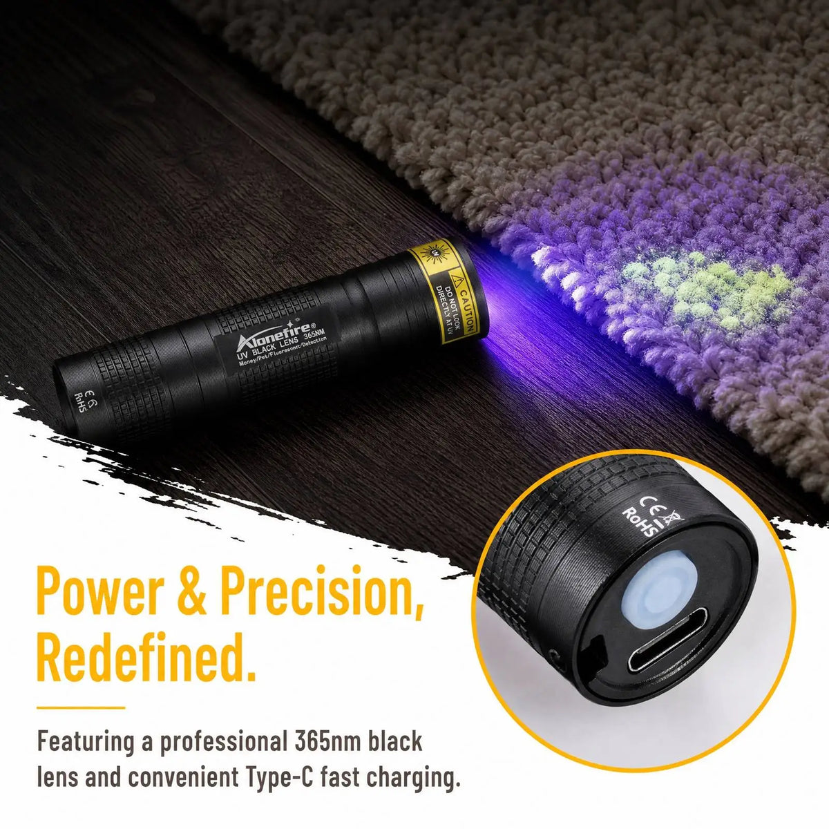 Mini 365nm/395nm UV Flashlight Usb Rechargeable UV Glue Curing Torch Cat Dog Pets Urine Tinea Money Ore Scorpion Detection Light