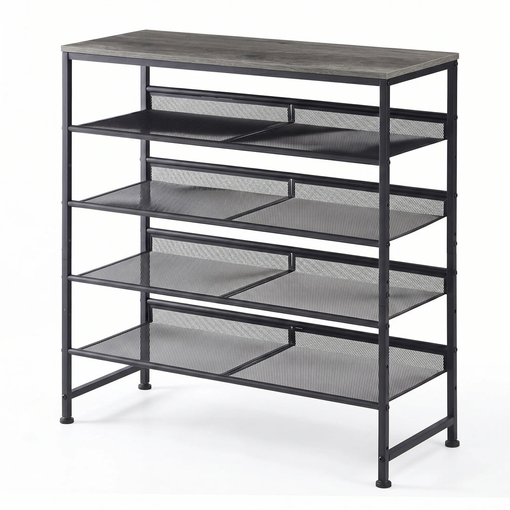 JHK 5-Tier Metal Shoe Storage Cabinet Free Standing Storage Organizer Holds 16-20 Pairs for Closet Shoe Storage Shelf with Adjustable Mesh Shelves and Wooden Top for Space Saving Cabinet Home