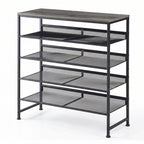 JHK 5-Tier Metal Shoe Storage Cabinet Free Standing Storage Organizer Holds 16-20 Pairs for Closet Shoe Storage Shelf with Adjustable Mesh Shelves and Wooden Top for Space Saving Cabinet Home