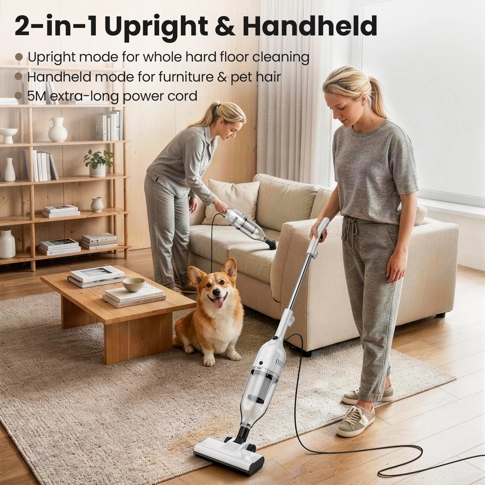 Vastorm R7 Corded Vacuum Cleaner 600W 20Kpa Powerful Suction Household Handheld Stick Vacuum Portable 3 in 1 Lightweight Cleaner 5M Long Cable Bagless Upright Vacuum for Hardwood Floor Carpet Pet Hair Cleaning