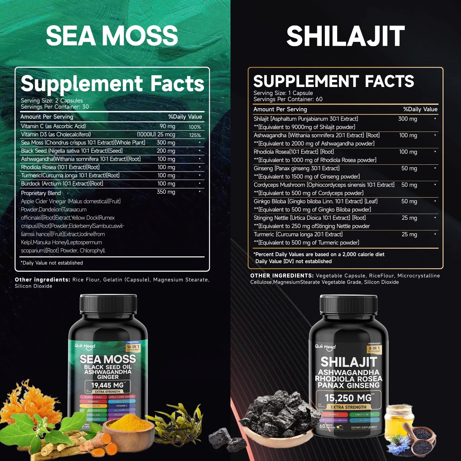 Bundle Sea Moss and Shilajit |High Potency Vitality Combo - Ashwagandha Turmeric Bladder, Burdock 2000 Mg & Ginger, Vitamin C