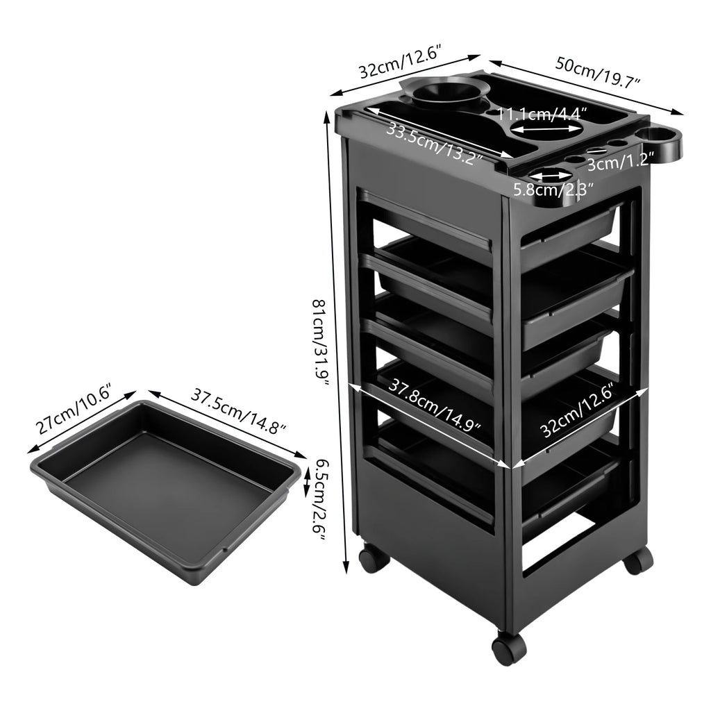 Salon Trolley Cart with Wheels and 5 Drawers, Multipurpose Beauty Cart, Hairdressing Rolling Cart for Barbershop Beauty Spa, Black