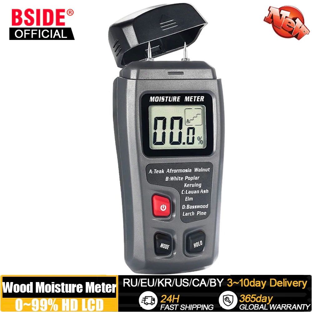 BSIDE Digital Wood Moisture Meter Professional Timber Damp Tester Handheld Hygrometer Lumber Detector EMT01 with HD LCD Display