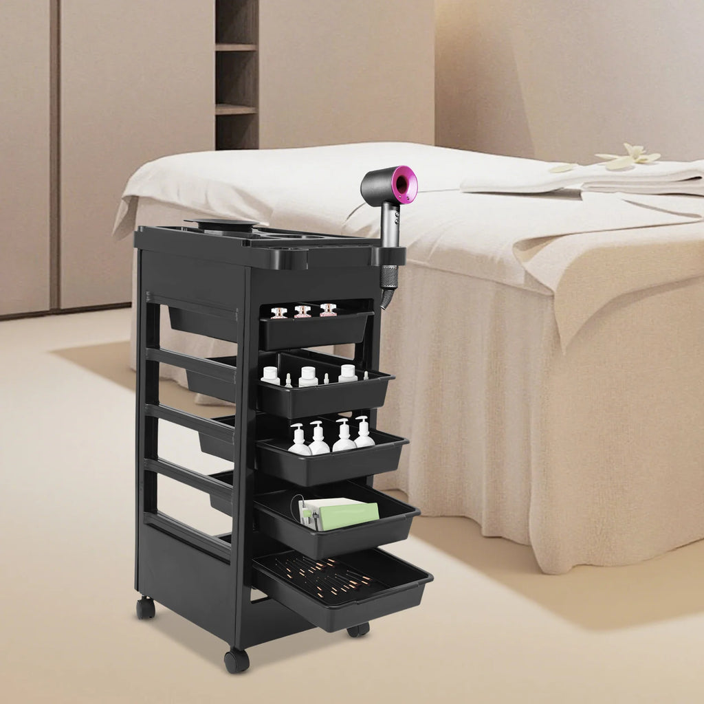 Salon Trolley Cart with Wheels and 5 Drawers, Multipurpose Beauty Cart, Hairdressing Rolling Cart for Barbershop Beauty Spa, Black
