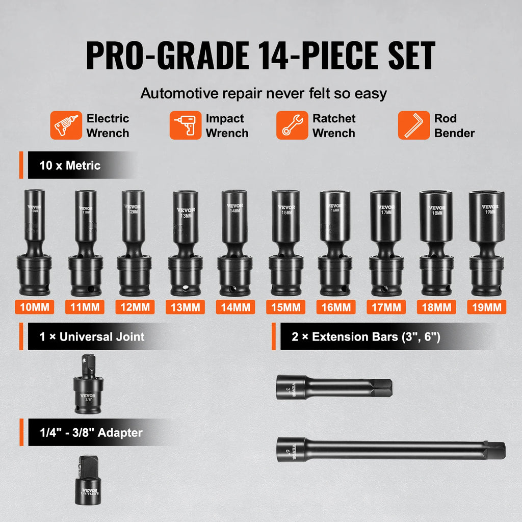SucceBuy 360 Degree Swivel Impact Socket Set 3/8" Socket Set Deep Universal Metric 10-19mm 6 Point Cr-Mo Alloy Steel for Repair