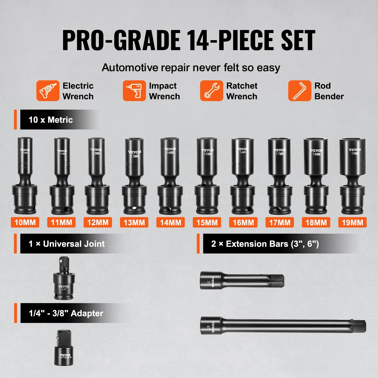 SucceBuy 360 Degree Swivel Impact Socket Set 3/8" Socket Set Deep Universal Metric 10-19mm 6 Point Cr-Mo Alloy Steel for Repair