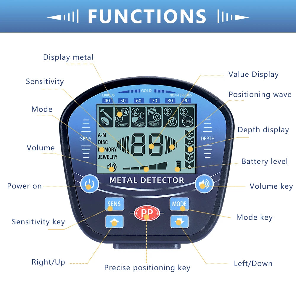 Professional Underground Metal Detector For Adults Waterproof Search Coil High Sensitivity Gold Silver Coin Treasure Hunter Adjustable Length Stem LCD Display Disc Mode Outdoor Beach Garden Archaeological Metal Detecting Equi