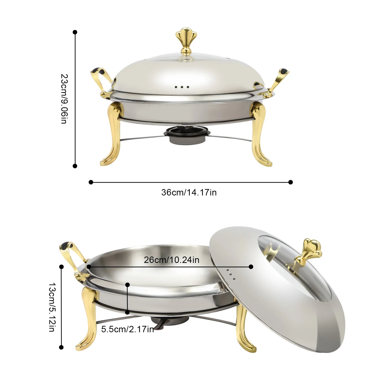 Round Gold Chafing Dish for Buffet 2.64QT Stainless Steel Food Warmer w/ Lid & Handle, Buffet Warmer Chafers  for Parties, Weddings, Catering