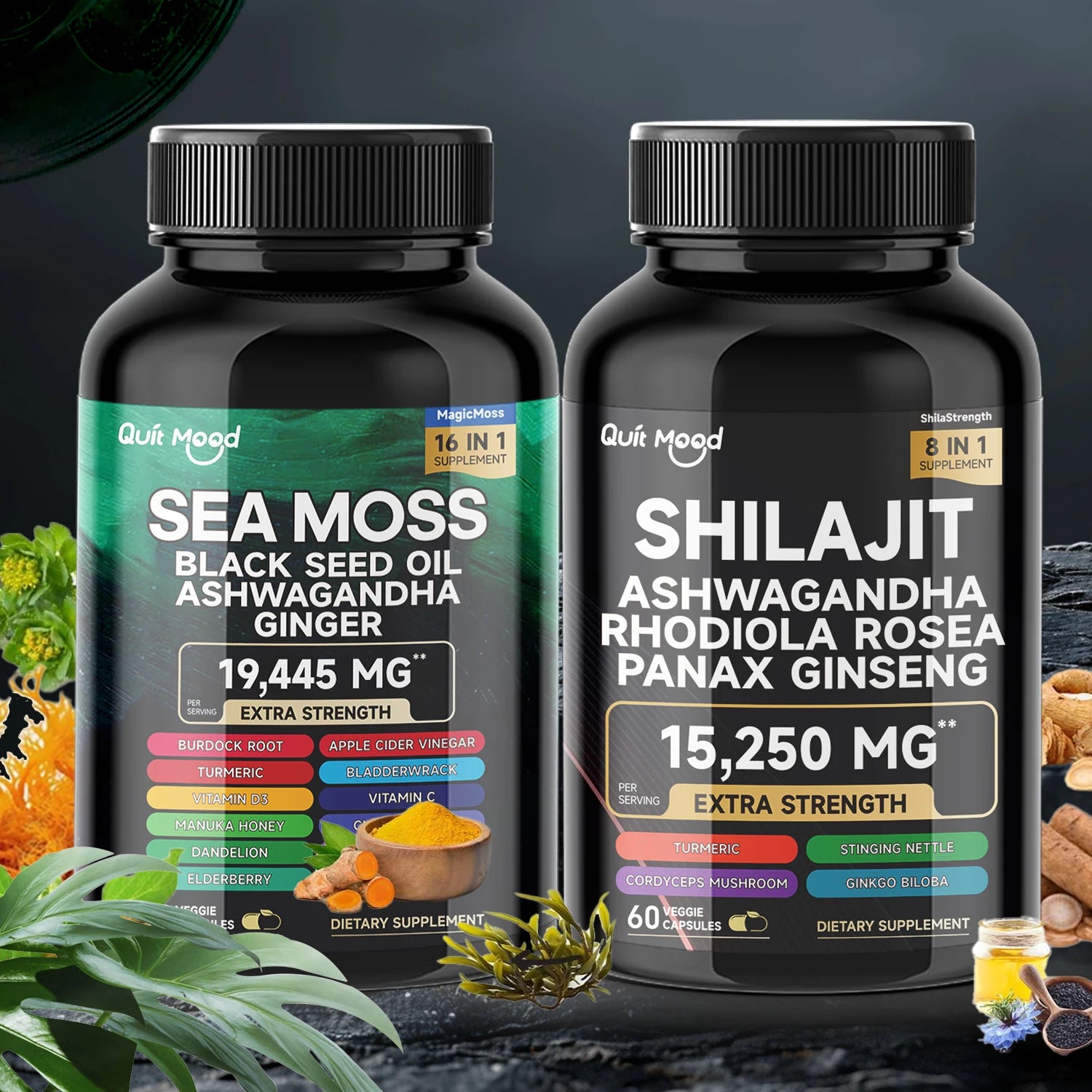 Bundle Sea Moss and Shilajit |High Potency Vitality Combo - Ashwagandha Turmeric Bladder, Burdock 2000 Mg & Ginger, Vitamin C