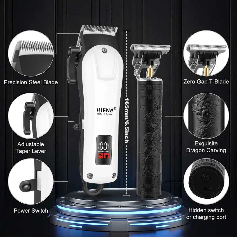 HIENA Professional Barber Kit Electric Hair Clipper Beard Shaver Detail Trimmer Cordless Rechargeable Titanium Blades for Home