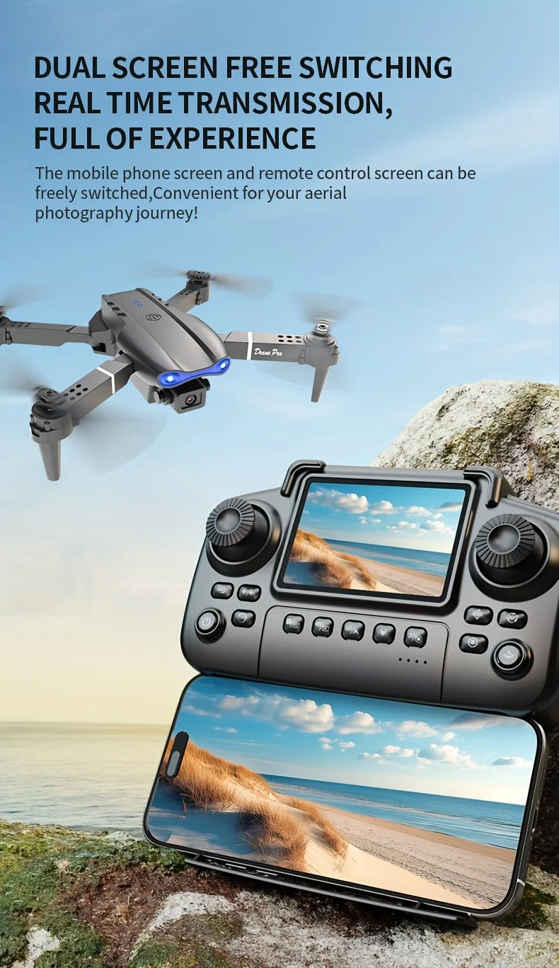 The Upgraded 2026 E99PRO MAX Drone Features Dual 8K Cameras, In-Screen Remote Control, Two Batteries, One-Key Return-to-Home, A Foldable Design, USB Charging, Wi-Fi Connectivity, and Flight Gaming Capabilities. This Drone Is