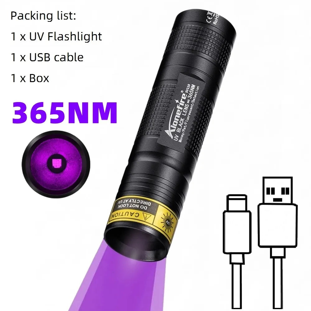 Mini 365nm/395nm UV Flashlight Usb Rechargeable UV Glue Curing Torch Cat Dog Pets Urine Tinea Money Ore Scorpion Detection Light