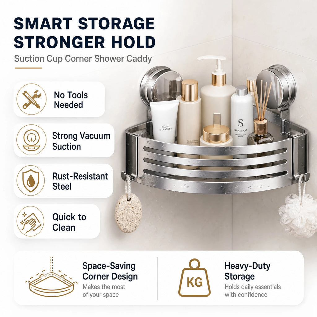 Shower Wall Storage Basket,Suction Mount No Drilling,Rustproof Aluminum, 4-Layer Protection,for Corner Space, Includes Towel Bar