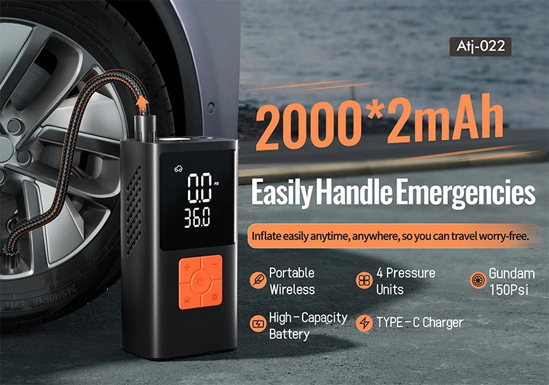 3-in-1 Portable Air Compressor & Tire Inflator, 150 PSI, Emergency Power Bank & LED Light, USB-C Rechargeable, Suitable for Car