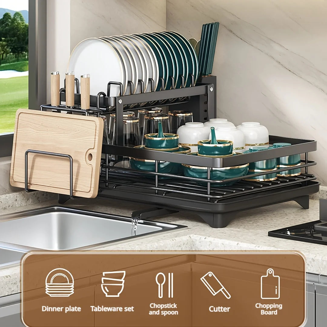 2-Tier Expandable Dish Drying Rack, Metal Kitchen Dish Rack and Drainboard Set with Knife Fork Holder & Cutting Board Organizer for Countertop