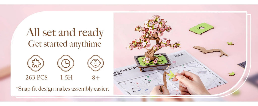 Rolife DIY Wooden 3D Puzzle Sakura Bonsai Model Building Kit for Home Decor Christmas Birthday Gifts for Adults Kids Friends
