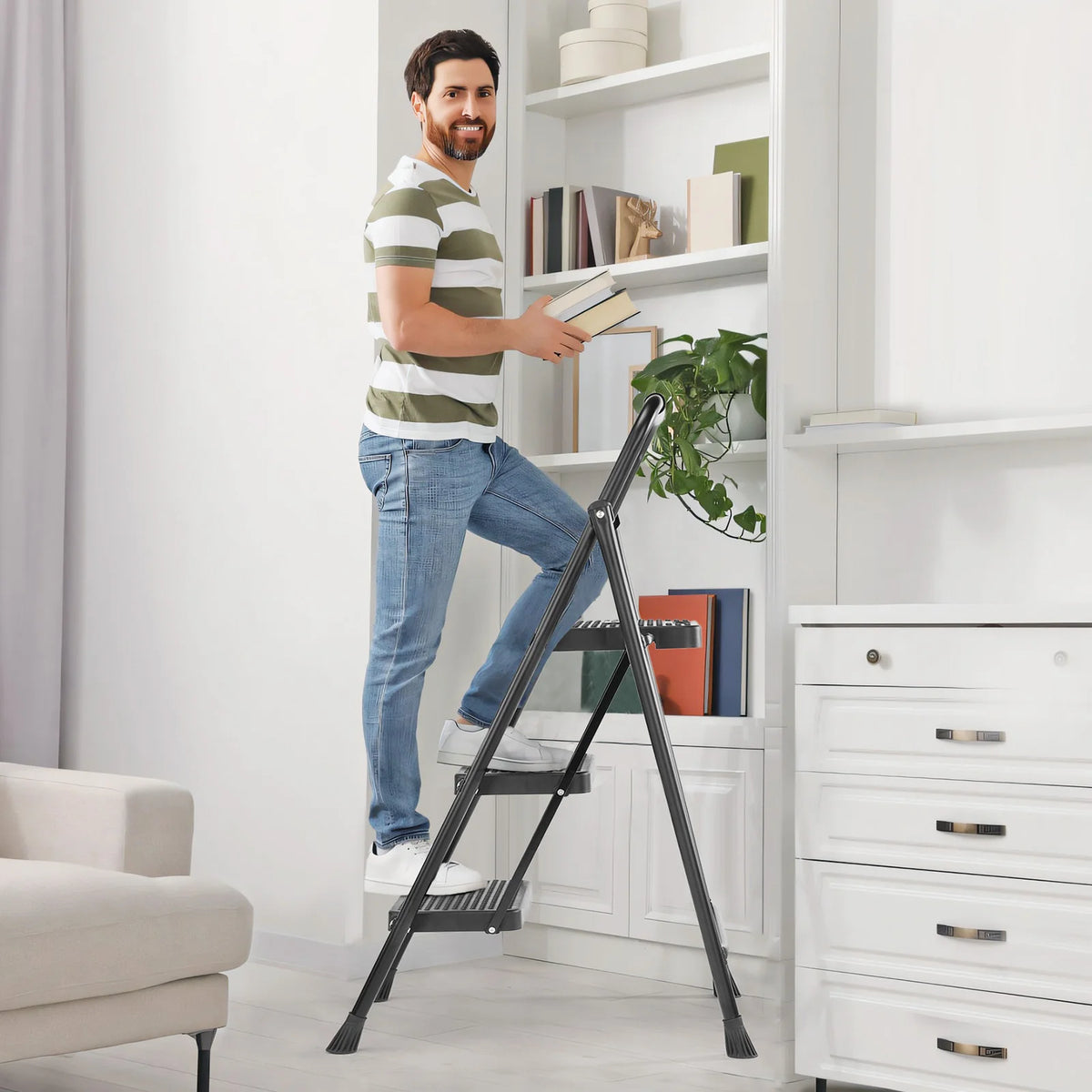 JHK Folding 2/3 Step Ladder Stool with Anti-Slip Pedal 800lbs Capacity Sturdy Steel Portable Cushioned Handle for Kitchen Home
