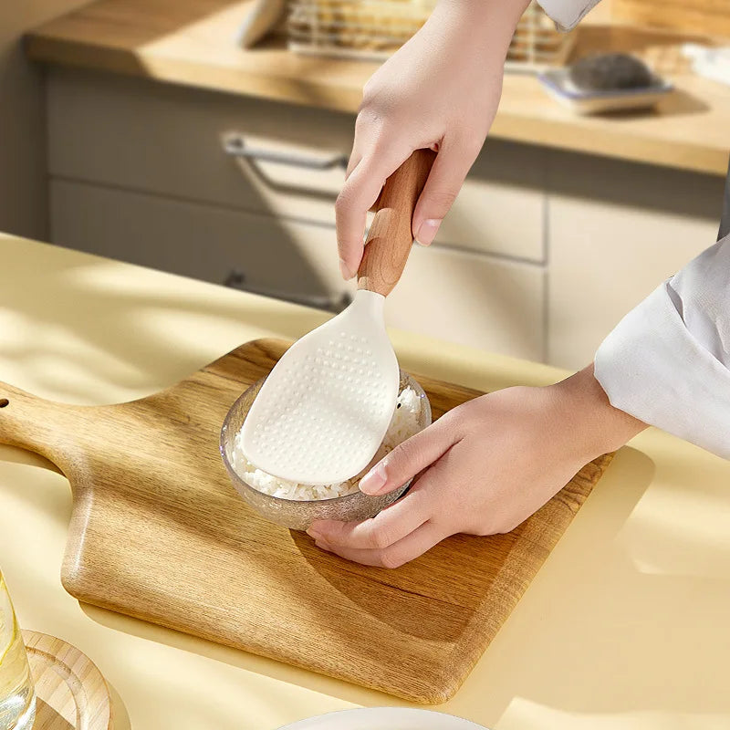 Wooden Handle Silicone Rice Spoon, Heat-Resistant, Anti-Scald, Odor-Free, for Home & Restaurants
