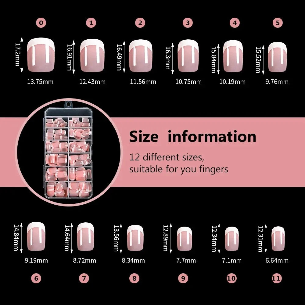 1pc Pink French Short Square Fake Nails 12-Sizes Full Cover Press On Nails Wearable Detachable Finished False Fingertips *TD