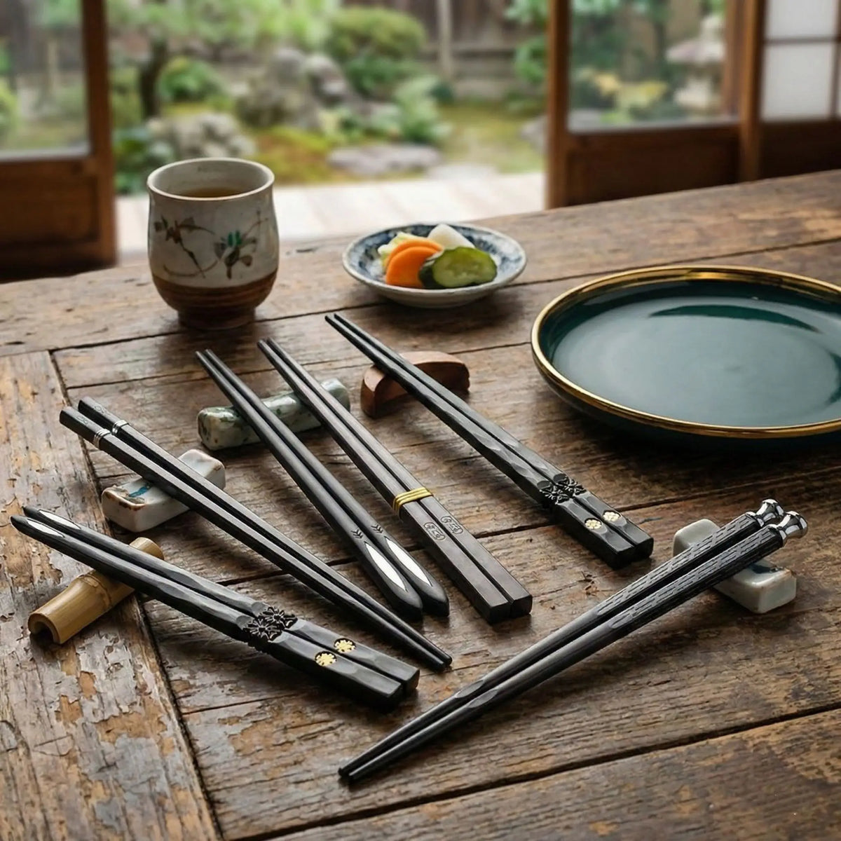 Black Alloy Chopsticks 5-Piece Set, Reusable Durable Kitchen Tableware