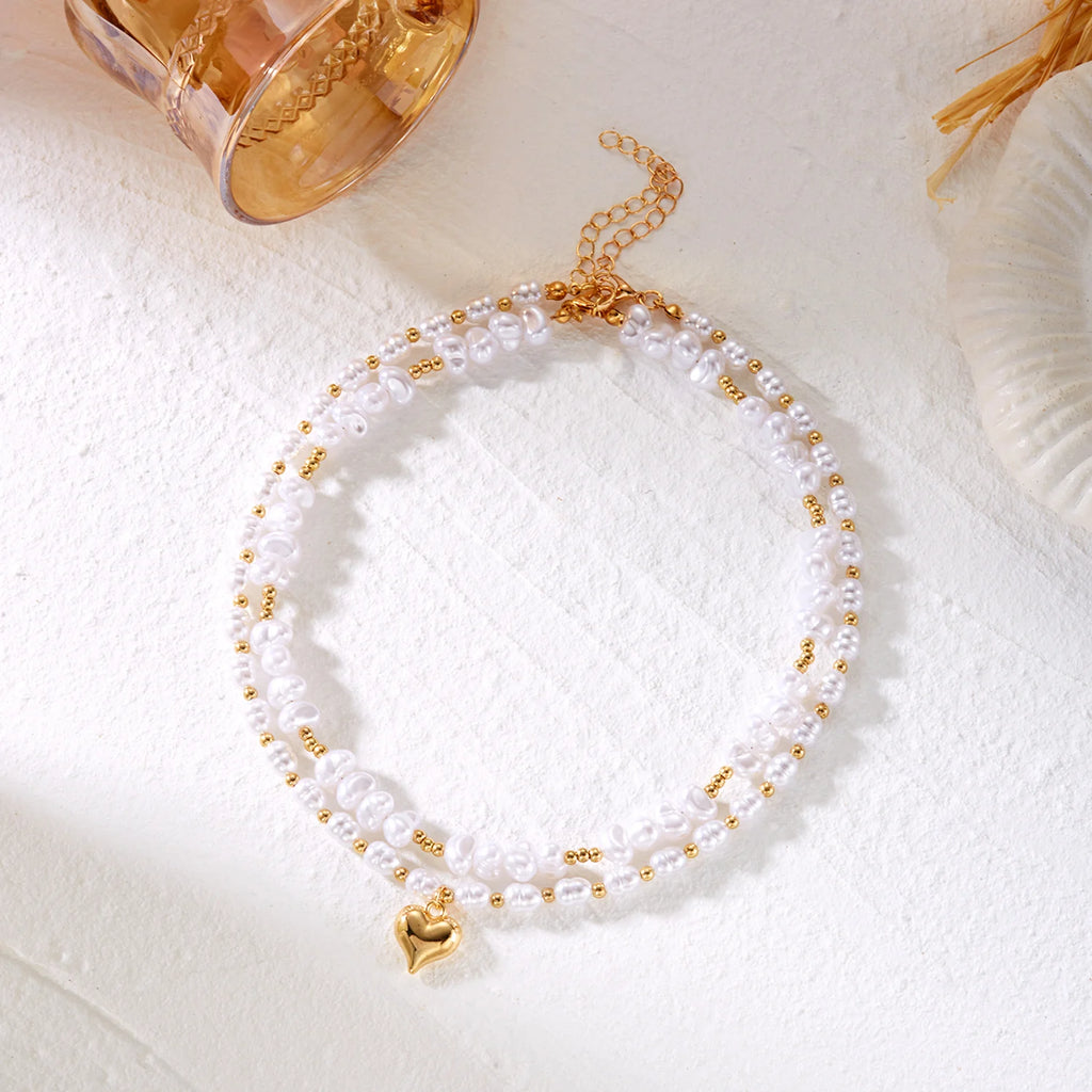 Rinhoo Double Layer Imitation Pearl Choker Necklace for Women Elegant Heart Pendant Necklace Versatile Jewelry Gift