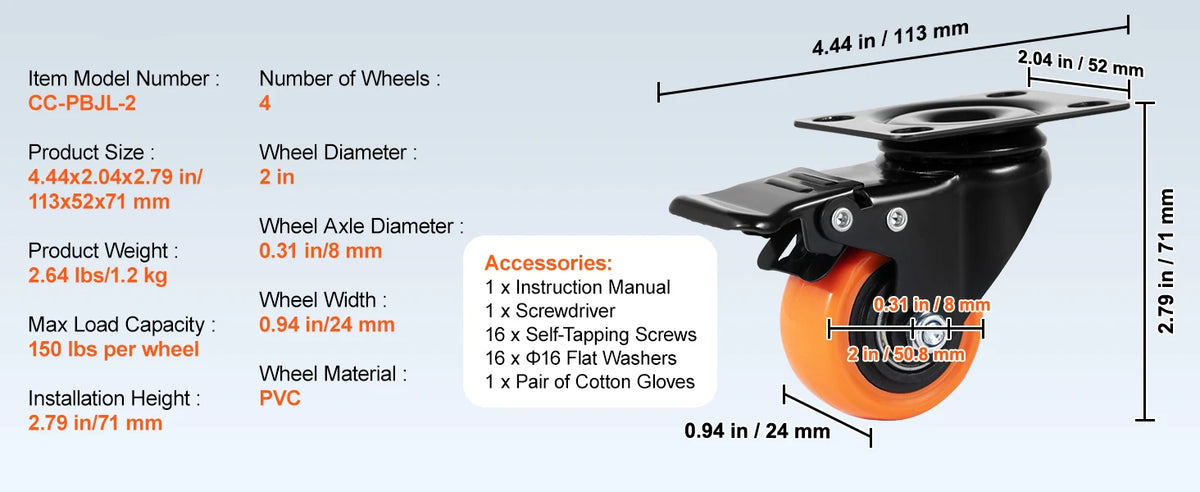 SucceBuy 2/3/4/5/6-inch Swivel Plate Casters Set of 4 with Security Dual Locking PVC Caster Wheels for Cart Furniture Workbench