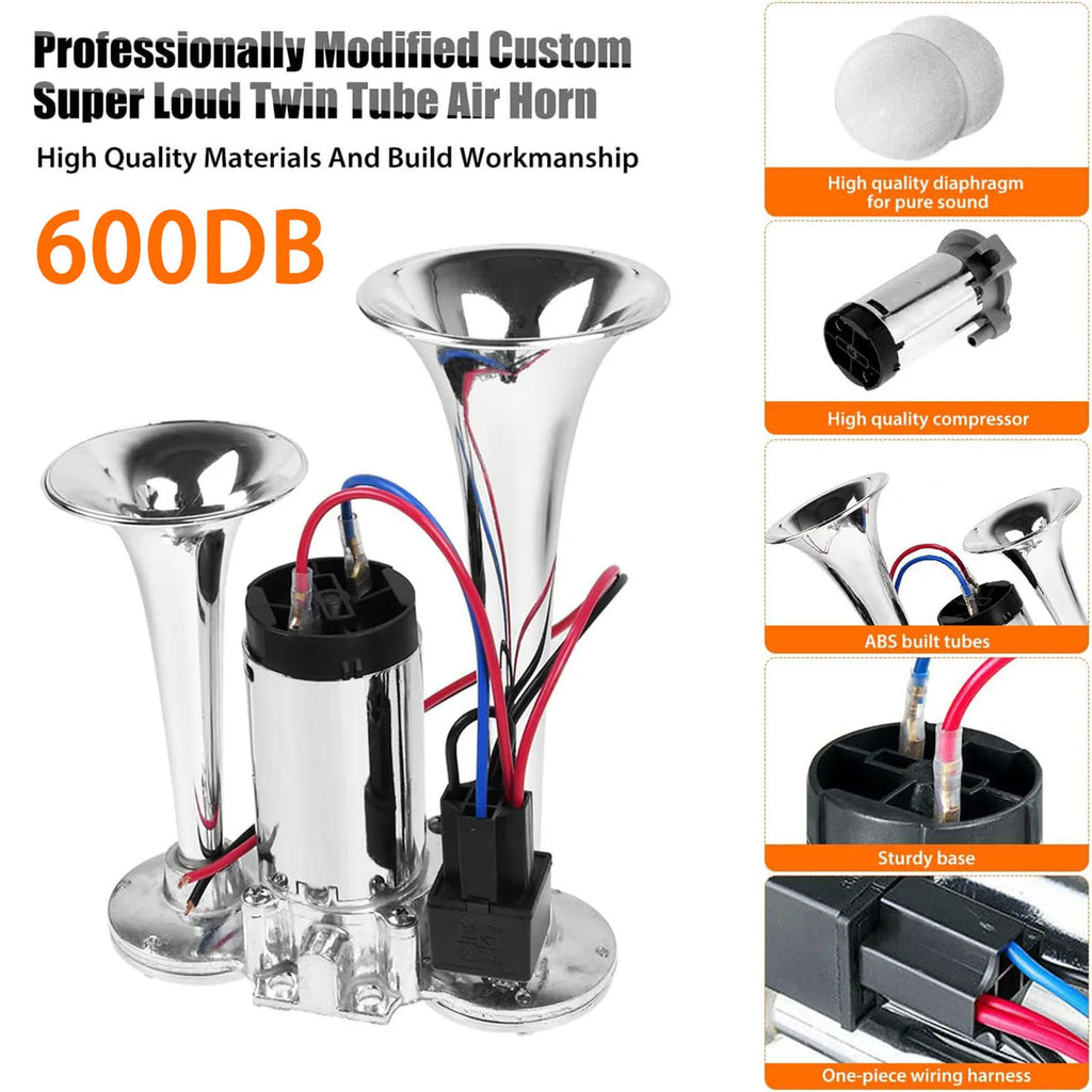 600DB Horn 12V Super Loud Car Electric Horn Dual Trumpets Air Horn Speaker For Car SUV Vehicle Boat Train Motorcycle RV Truck