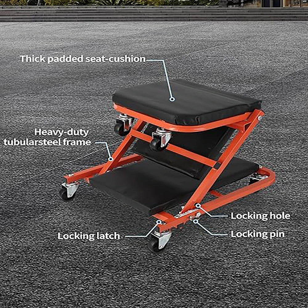 2-in-1 Foldable Garage Creeper Shop Seat, 300LBS Capacity Automotive Mechanic Repair Under Car Rolling Creeper Seat