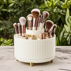360° Rotating Makeup Organizer Plastic Cosmetic Storage 5 Compartments Multi-Functional Brush Holder Compact Travel Makeup Case