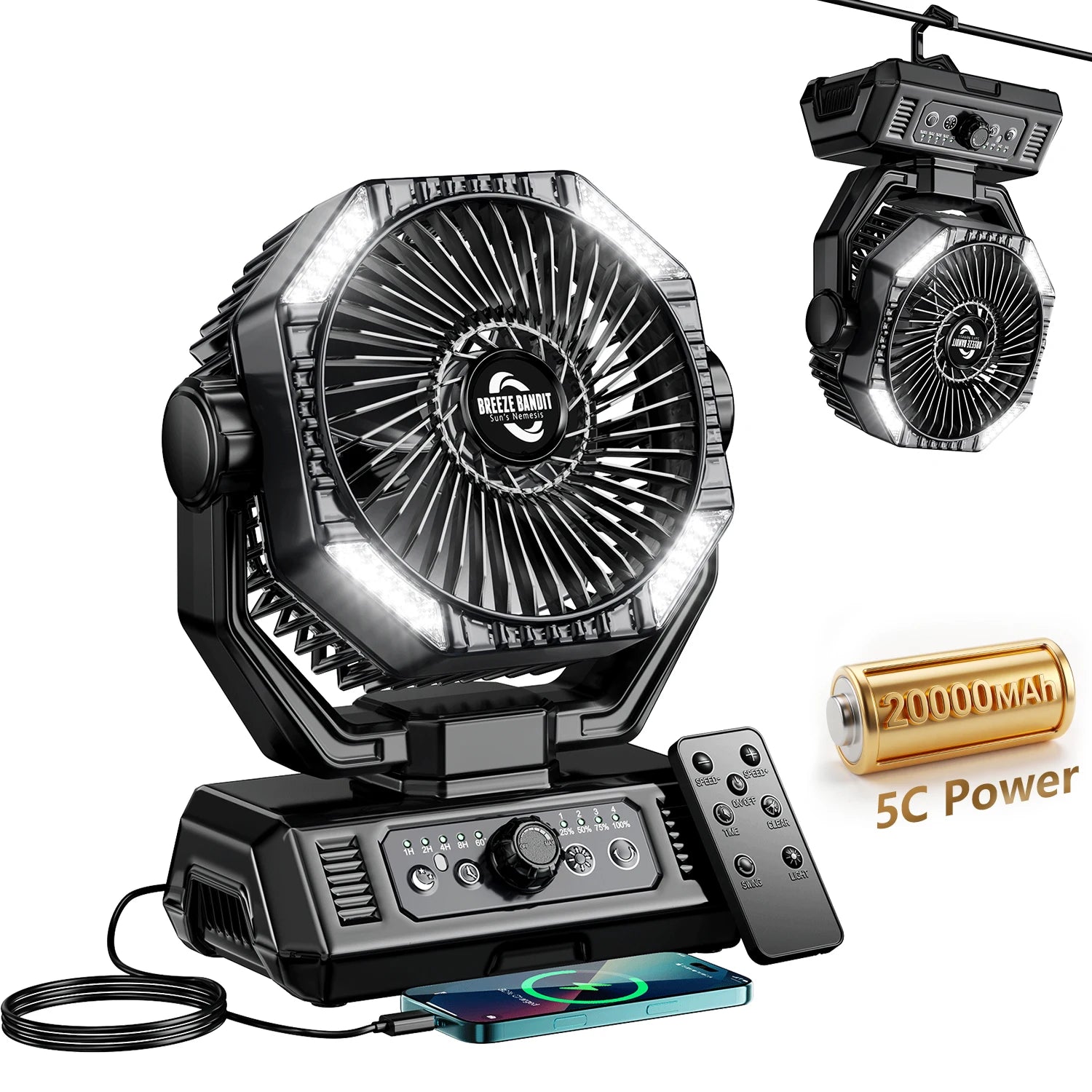 20000mAh Camping Fan with LED Lantern 8 Speed Desk Fan with Remote Portable Outdoor Fan with Hook for Tent Power Outages Jobsite