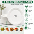 9 Inch Eco Plates 50 Pack, Made from Renewable Sugarcane, BPA-Free and Biodegradable, for Sustainable Parties and Daily Meals