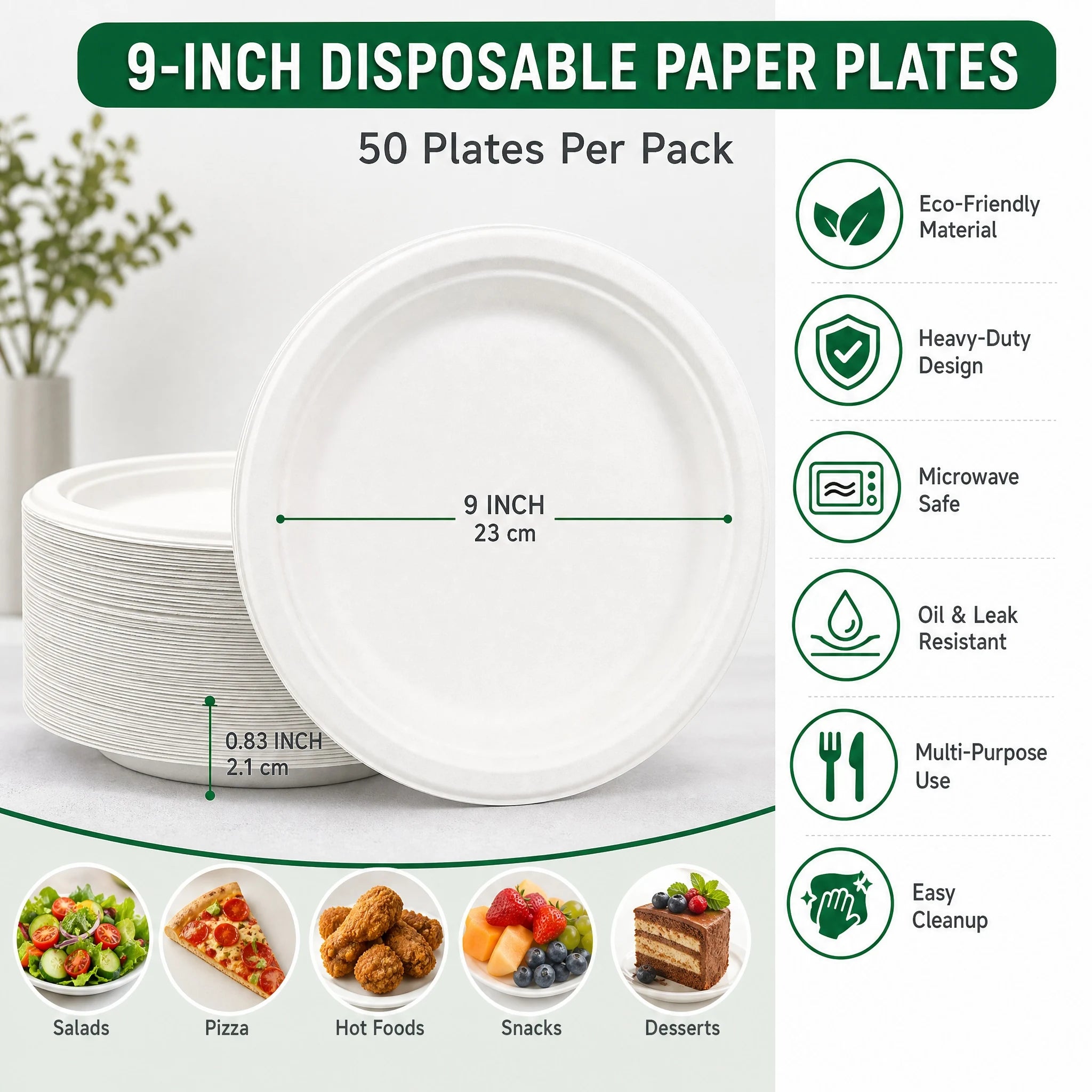 9 Inch Eco Plates 50 Pack, Made from Renewable Sugarcane, BPA-Free and Biodegradable, for Sustainable Parties and Daily Meals