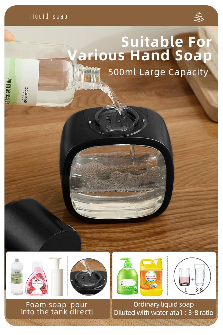 Automatic sensor soap dispenser, foam hand washing device, portable soap bottle, 500ml soap distribution device, in bathroom