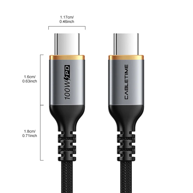CABLETIME USB C to USB C Cable PD100W Type C Cable Alluminum Shell Braided 5A Fast Charging 480Mbps Fast Transmisson for Laptop iPhone 17