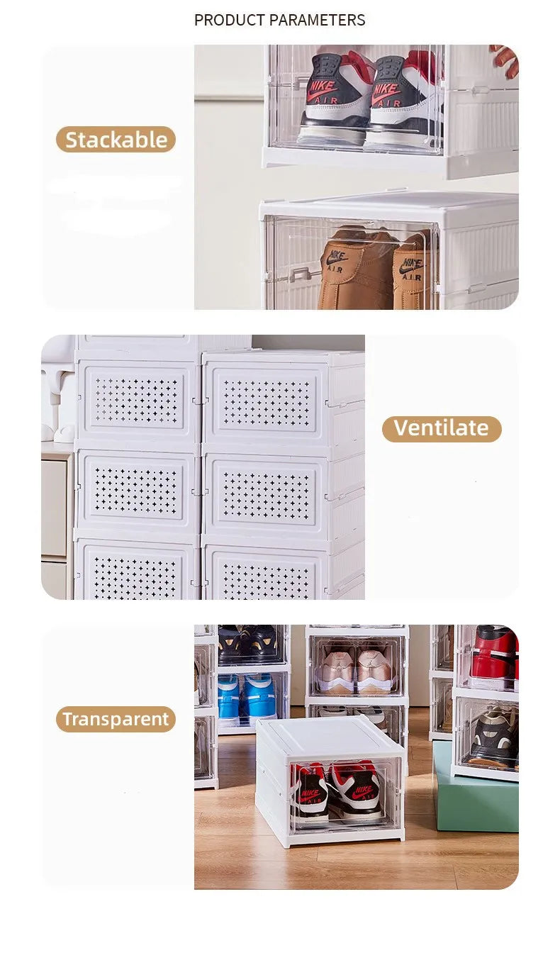 Foldable Clear Shoe Storage Organizer, Stackable Dustproof Thickened Sneaker, Shoe Box Rack Cabinet for Closet Dorm Apartment
