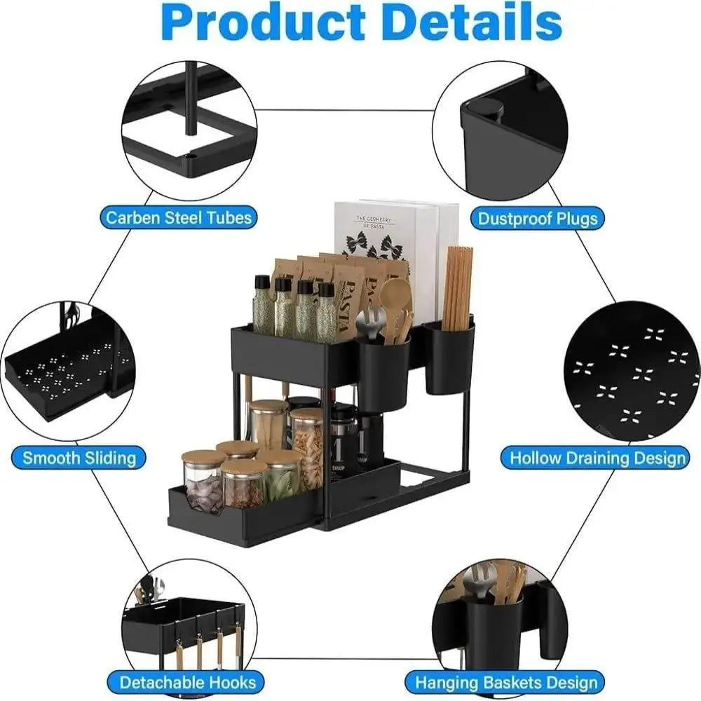 2 Tier Sliding Under Sink Organizer with 5 Side Hooks and 3 Detachable Hanging Baskets,Pull Out Rustproof Metal Storage Rack,Tool Free Assembly,Multi Scene Space Saving Shelf for Kitchen,Bathroom,Laundry Room,Pantry,Apartment