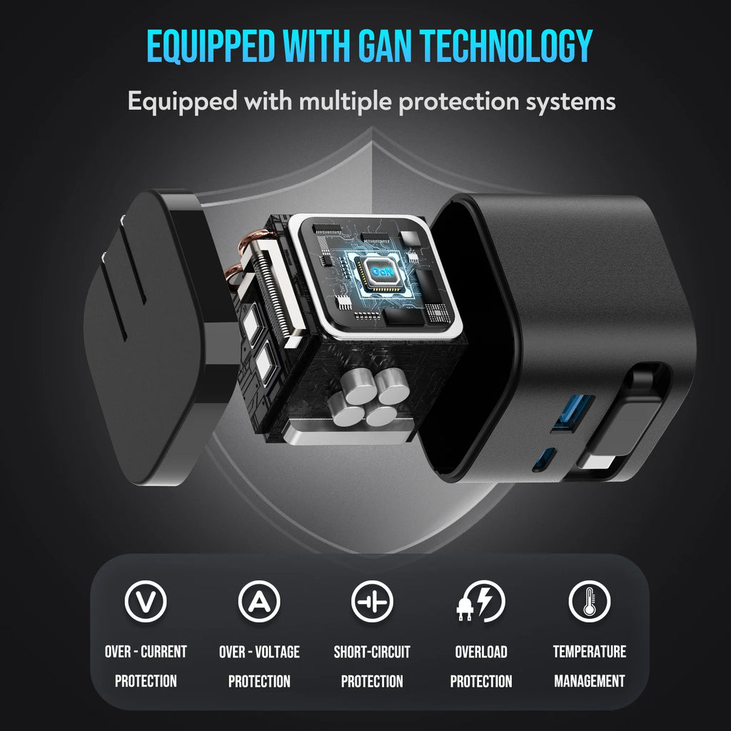 65W GaN Fast Charger with Retractable Cable, Foldable Plug, Quick Charging Block, for iPhone , Samsung , iPad, Android Phones