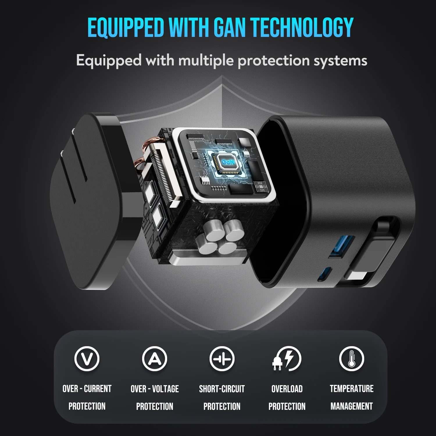 65W GaN Fast Charger with Retractable Cable, Foldable Plug, Quick Charging Block, for iPhone , Samsung , iPad, Android Phones