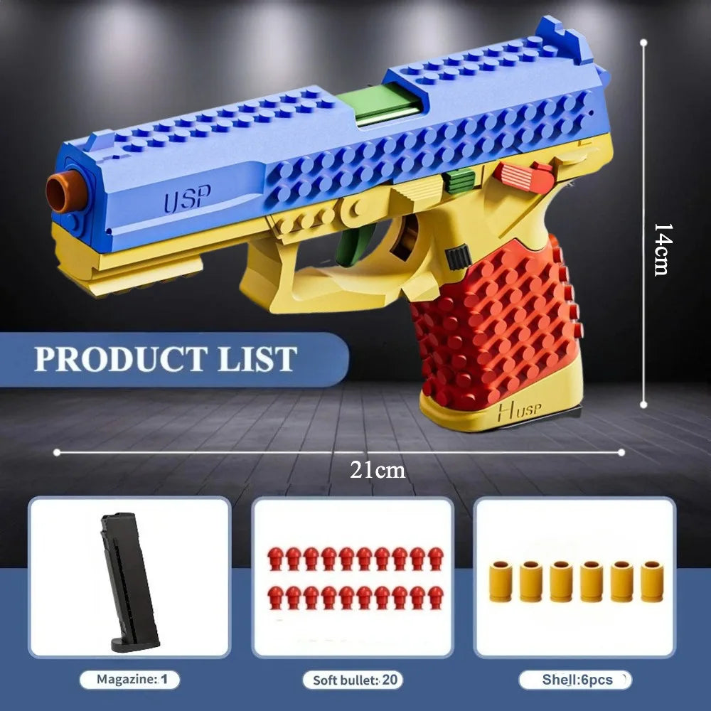 SIG17/USP Building Block Toy Gun Shell Throwing Continuous Firing Airsoft Blowback Empty Hanging Toy Pistol for Outdoor CS Game