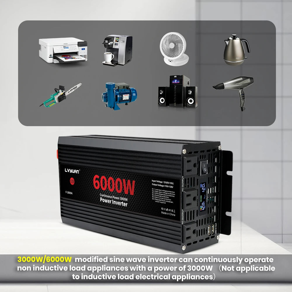 Car Power Inverter 1500W 2000W 2600W 6000W DC 12V To AC 120V Transformer with Dual Socket Charge,2×3.1A USB Port.