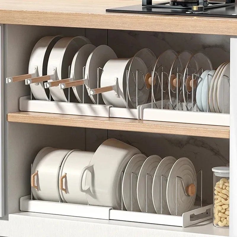 Expandable Kitchen Pot Pan Organizer Under Cabinet with 7 Adjustable Dividers Food Storage Container Lid Storage 1 Pack